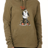 FEMALE MODEL WEARING  A HEATHER MILITARY GREEN HOODIE FEATURING A GRAPHIC OF A PERSON ON A SKI BIKE WITH THE WORDS "TILL I DIE"