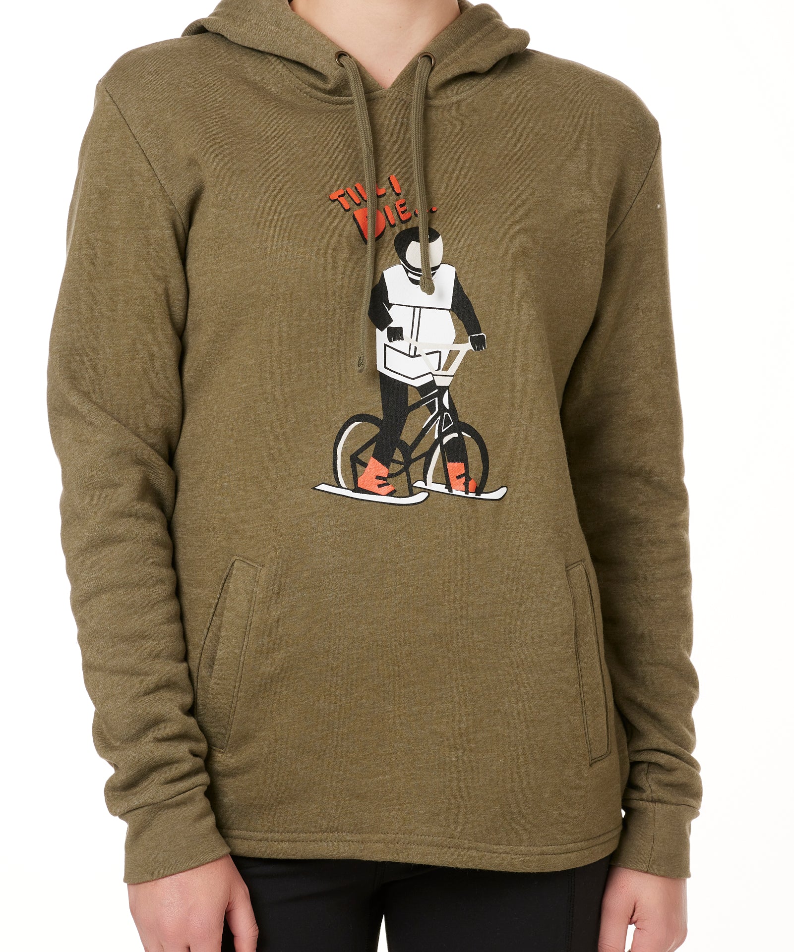 FEMALE MODEL WEARING  A HEATHER MILITARY GREEN HOODIE FEATURING A GRAPHIC OF A PERSON ON A SKI BIKE WITH THE WORDS "TILL I DIE"