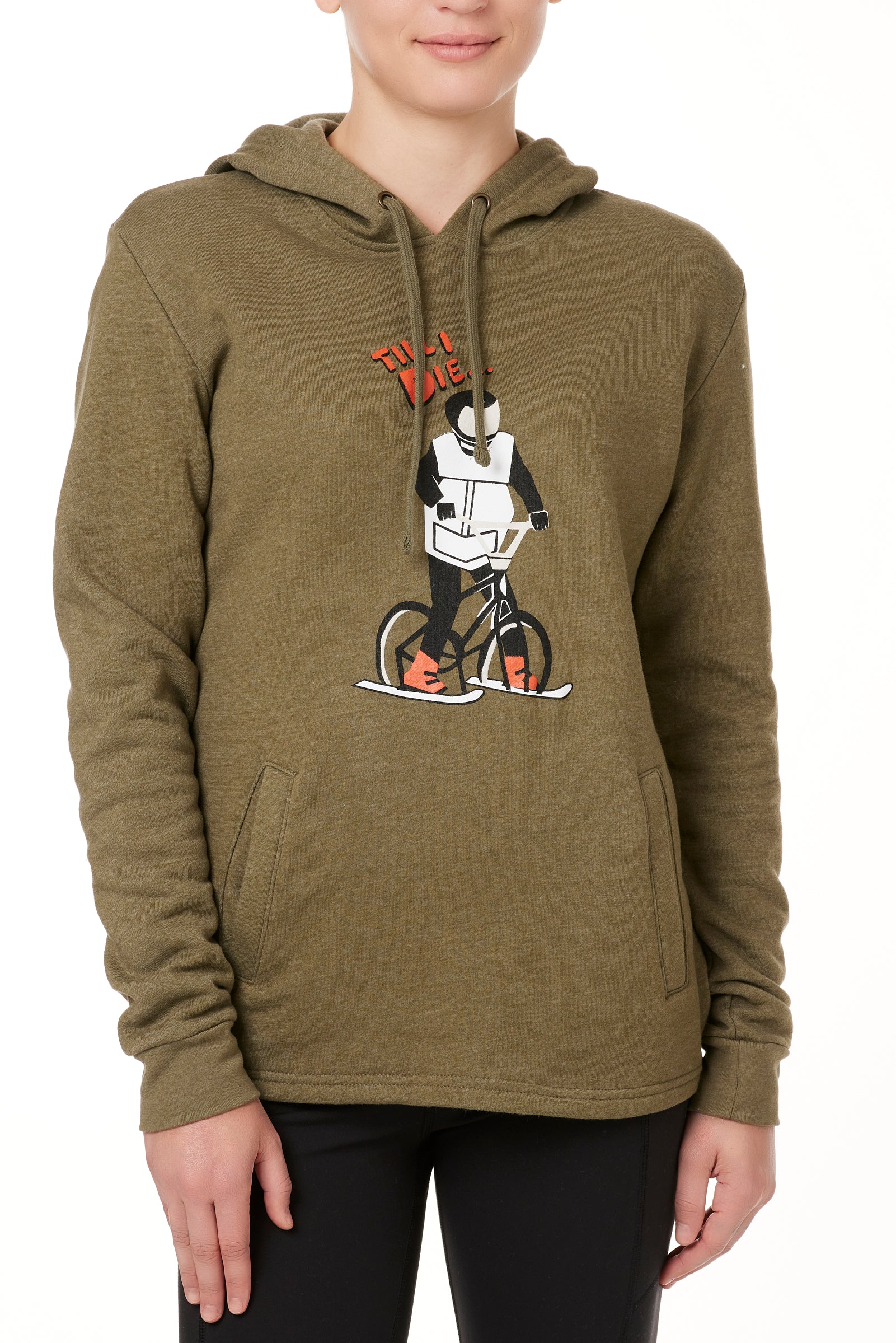 FEMALE MODEL WEARING  A HEATHER MILITARY GREEN HOODIE FEATURING A GRAPHIC OF A PERSON ON A SKI BIKE WITH THE WORDS "TILL I DIE"