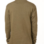 BACK OF A MALE MODEL WEARING A HEATHER MILITARY GREEN HOODIE WITH THE HOOD UP