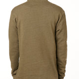 BACK OF A MALE MODEL WEARING A HEATHER MILITARY GREEN HOODIE WITH THE HOOD UP