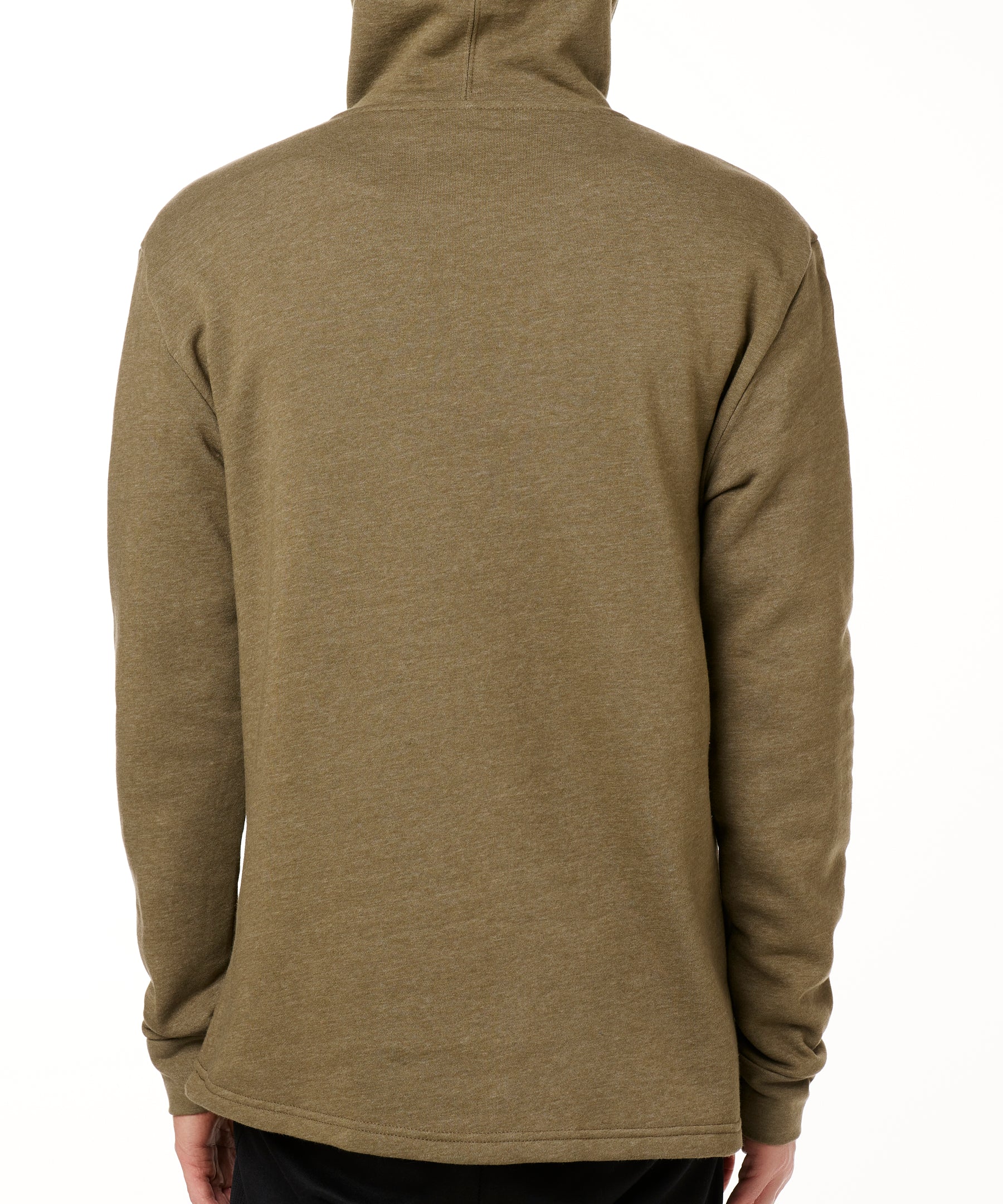 BACK OF A MALE MODEL WEARING A HEATHER MILITARY GREEN HOODIE WITH THE HOOD UP