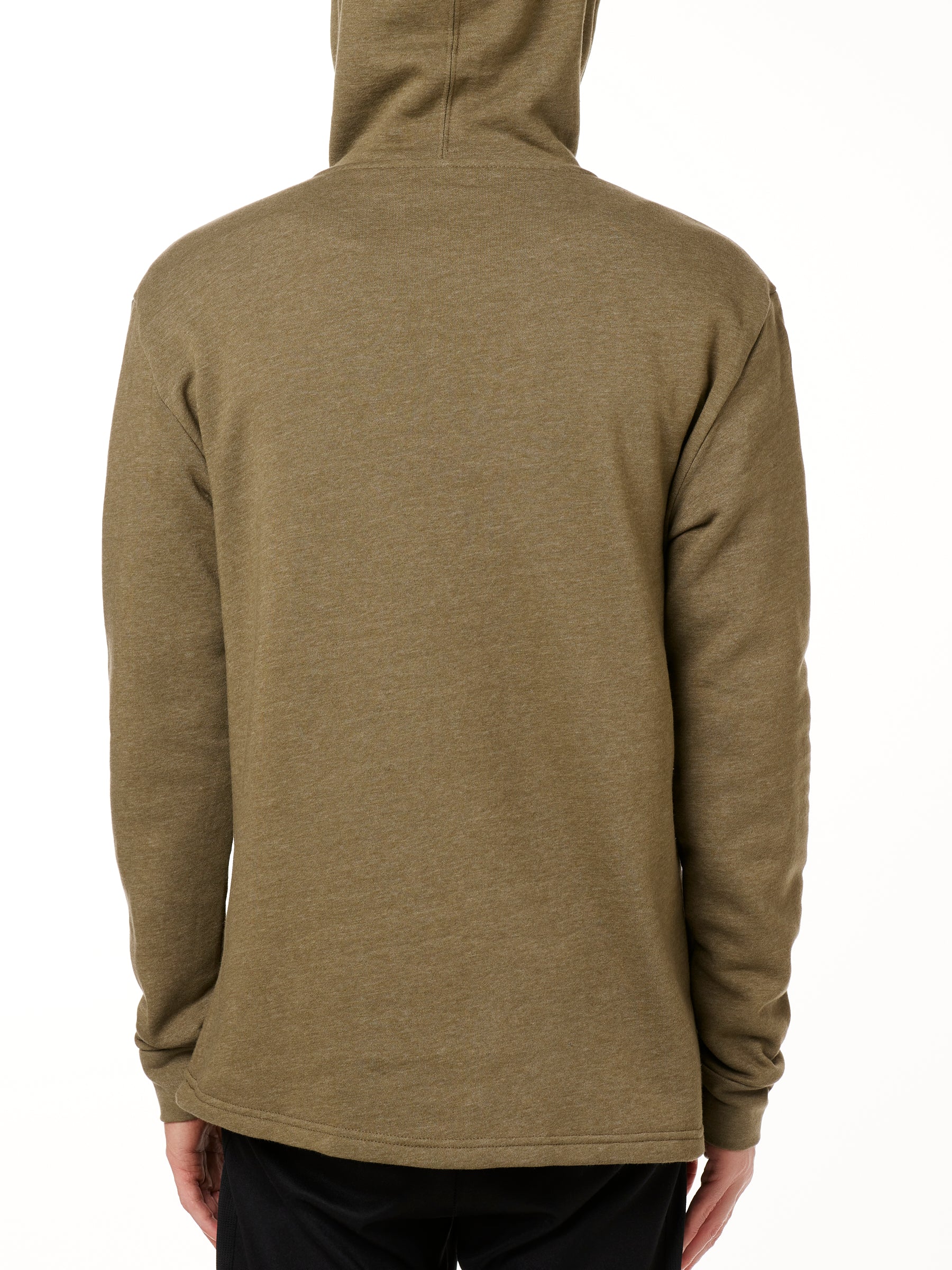 BACK OF A MALE MODEL WEARING A HEATHER MILITARY GREEN HOODIE WITH THE HOOD UP