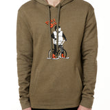 A MALE MODEL WEARING A HEATHER MILITARY GREEN HOODIE FEATURING A GRAPHIC OF A PERSON ON A SKI BIKE AND THE WORDS "TILL I DIE"