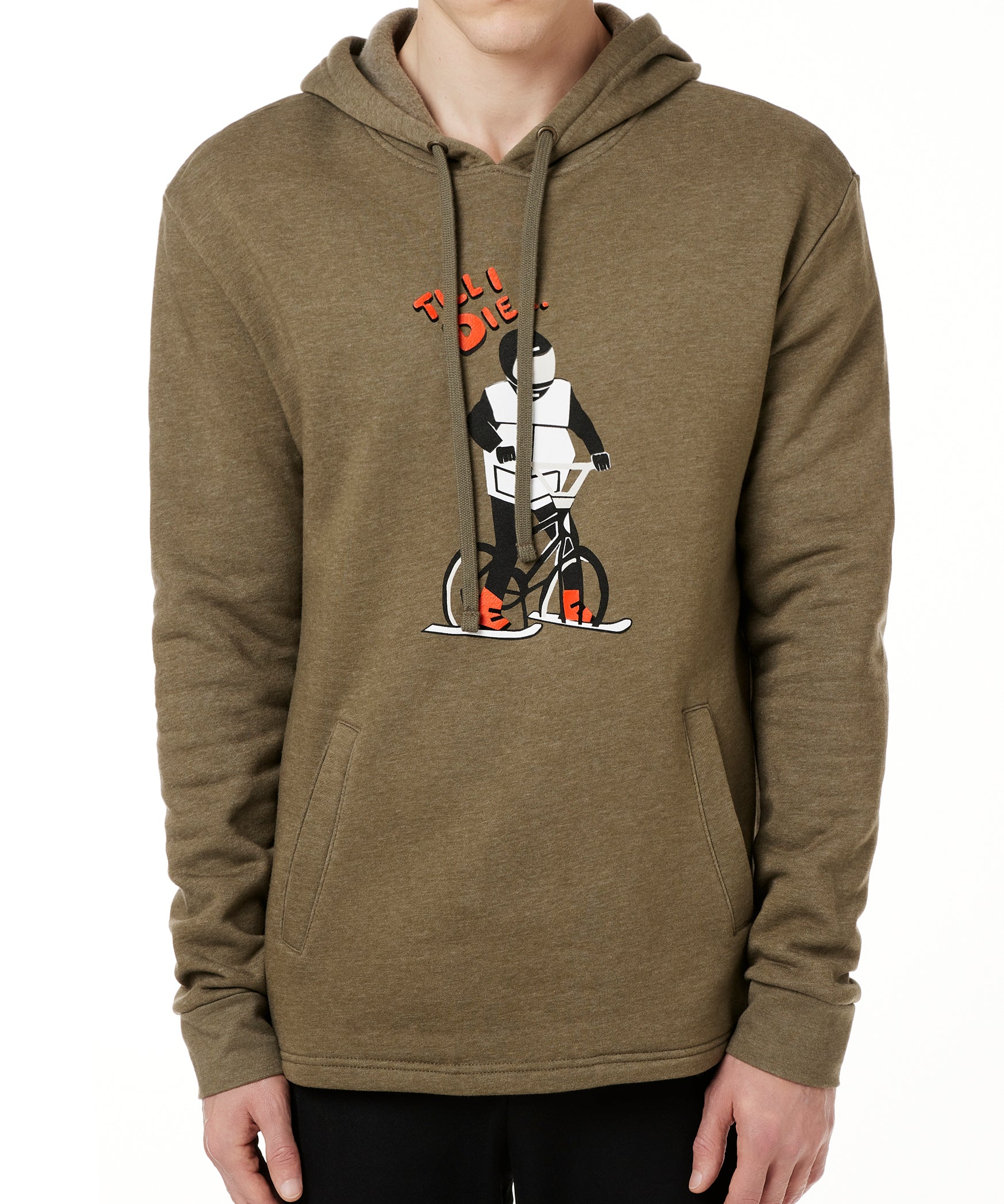 A MALE MODEL WEARING A HEATHER MILITARY GREEN HOODIE FEATURING A GRAPHIC OF A PERSON ON A SKI BIKE AND THE WORDS "TILL I DIE"