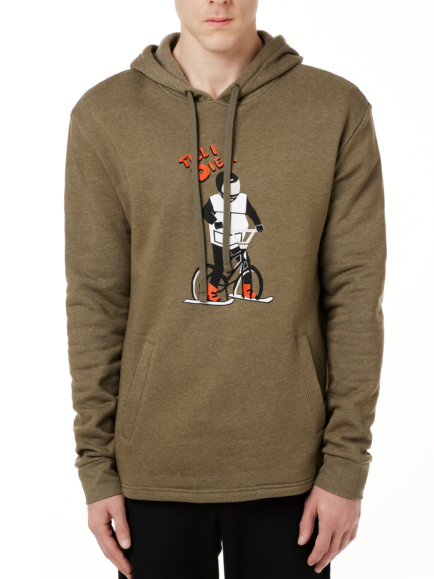 A MALE MODEL WEARING A HEATHER MILITARY GREEN HOODIE FEATURING A GRAPHIC OF A PERSON ON A SKI BIKE AND THE WORDS "TILL I DIE"