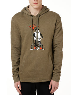 A MALE MODEL WEARING A HEATHER MILITARY GREEN HOODIE FEATURING A GRAPHIC OF A PERSON ON A SKI BIKE AND THE WORDS "TILL I DIE"