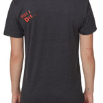 back view of a female wearing a heather slate crew neck tee shirt with a red bubble letter 'till i die'' of wearers top left shoulder 