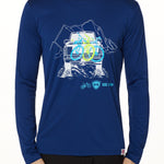 A man wearing a navy blue long sleeve shirt with a graphic print of a truck carrying mountain bikes, and the TILL I DIE LOGO