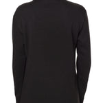 bask view of a female model wearing a heather black hoodie