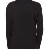 bask view of a female model wearing a heather black hoodie