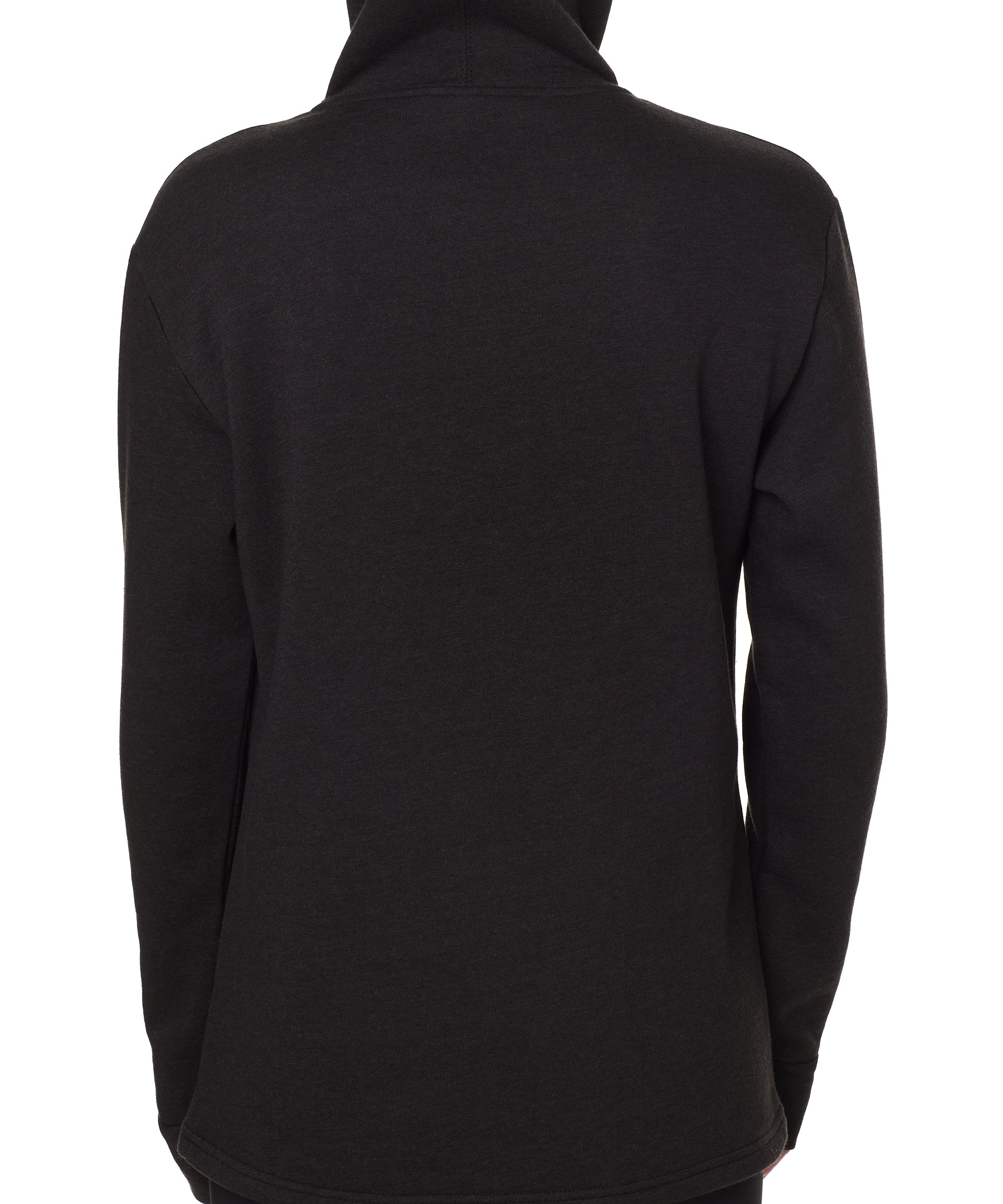 bask view of a female model wearing a heather black hoodie