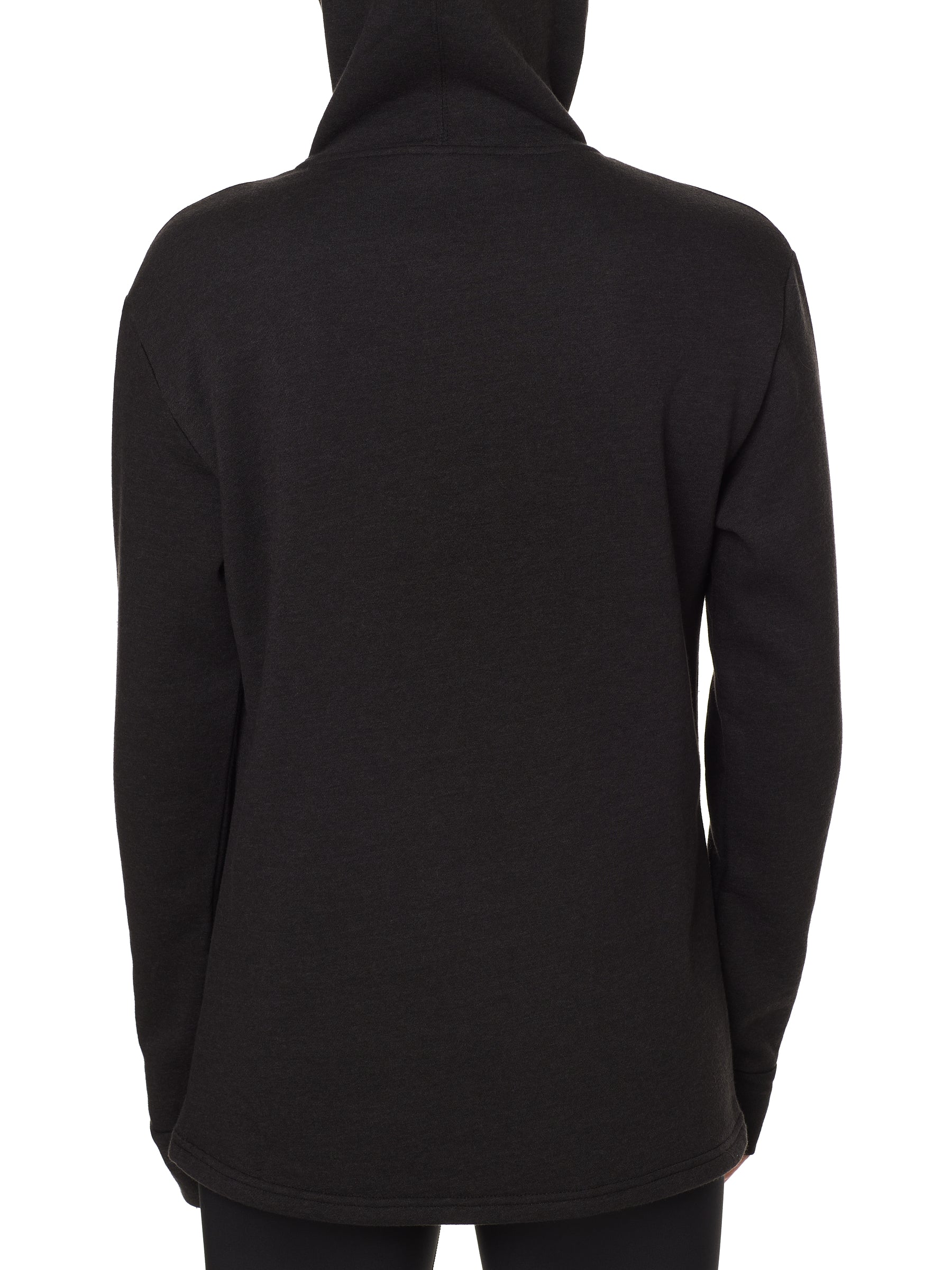 bask view of a female model wearing a heather black hoodie