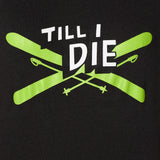 close up detail of the iron cross hoodie, the graphic features lime green crossed skis with poles, overlaid with bold black and white “Till I Die” text for a striking, alpine-inspired statement.