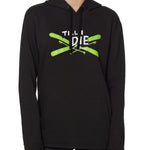 Front view of a male model wearing the Iron Cross hoodie in heather black, displayed on a white background. The graphic features lime green crossed skis with poles, overlaid with bold black and white “Till I Die” text for a striking, alpine-inspired statement.
