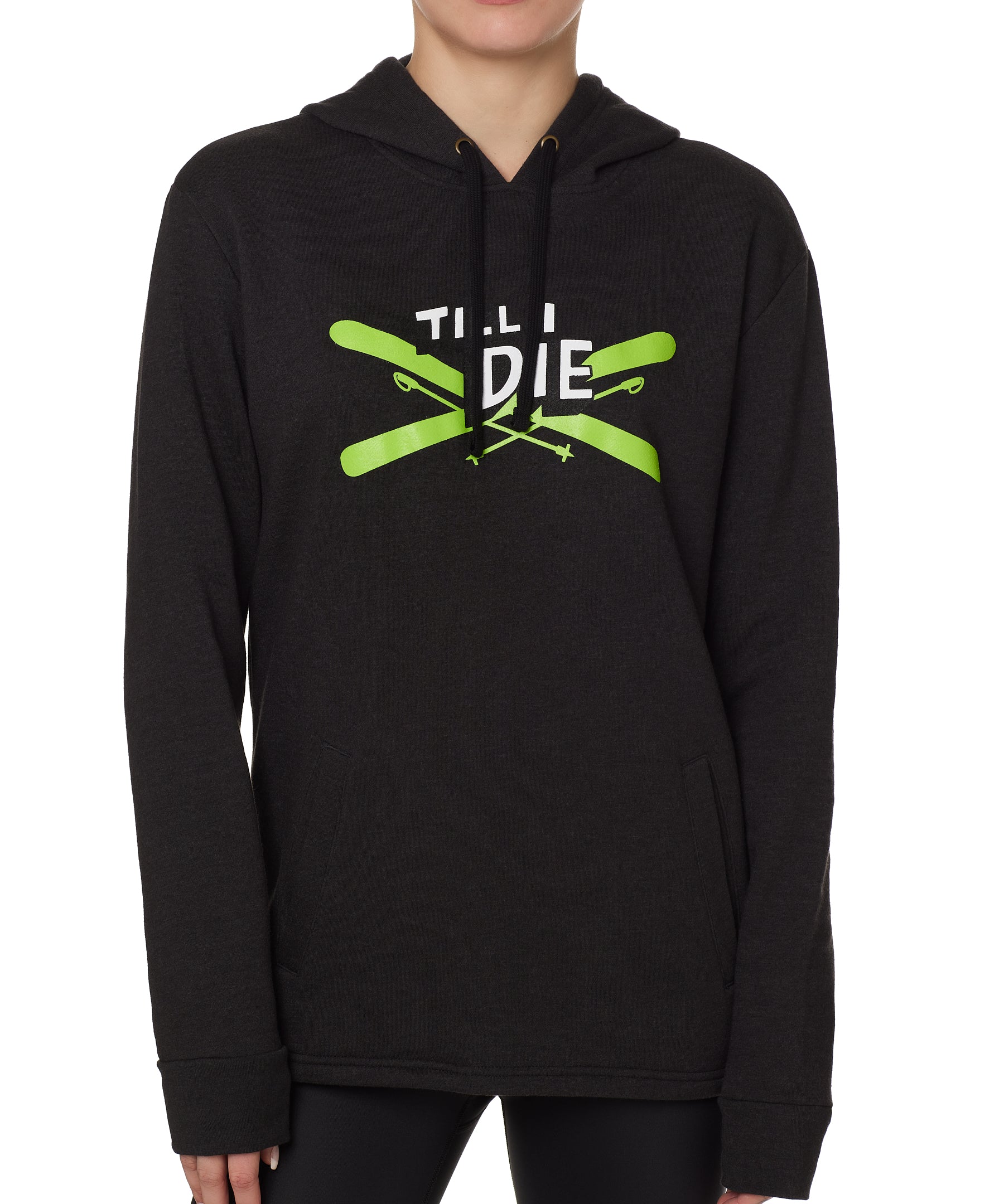 Front view of a male model wearing the Iron Cross hoodie in heather black, displayed on a white background. The graphic features lime green crossed skis with poles, overlaid with bold black and white “Till I Die” text for a striking, alpine-inspired statement.