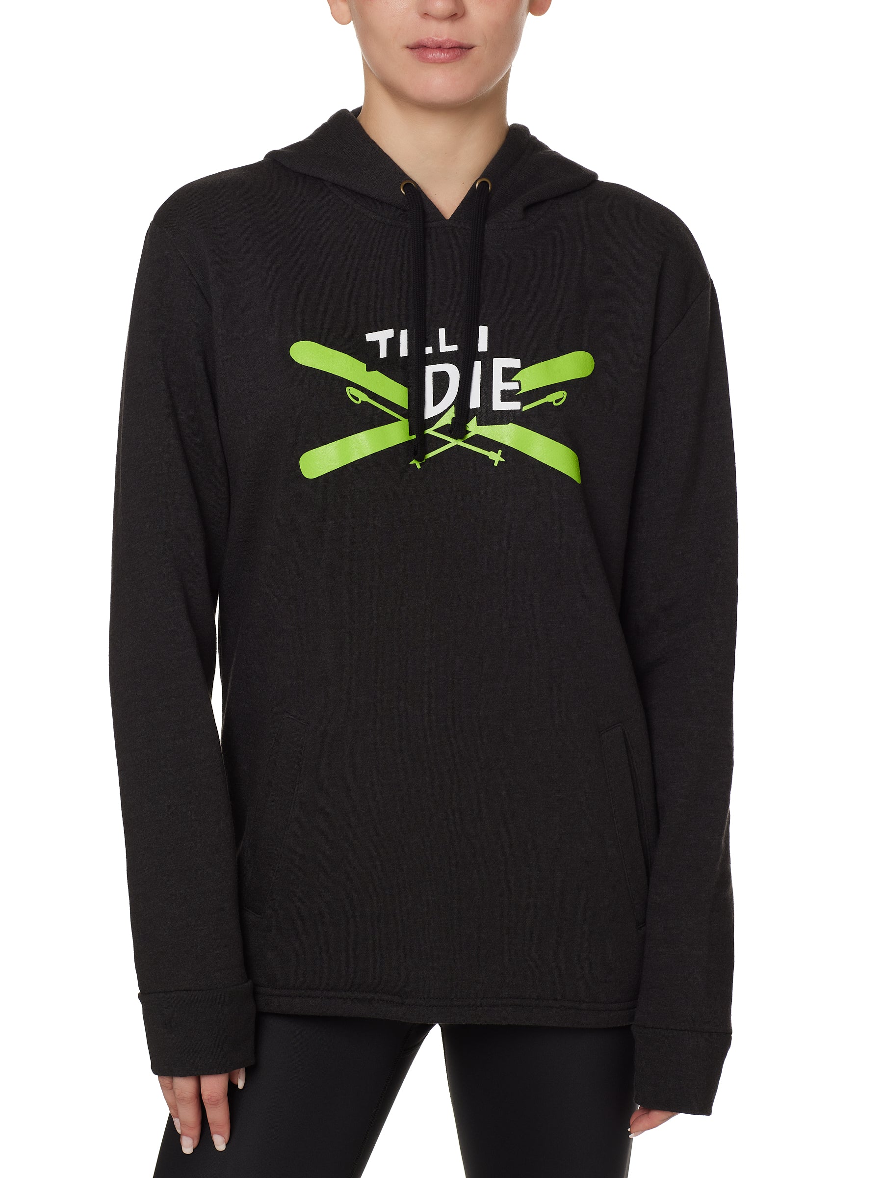 Front view of a male model wearing the Iron Cross hoodie in heather black, displayed on a white background. The graphic features lime green crossed skis with poles, overlaid with bold black and white “Till I Die” text for a striking, alpine-inspired statement.