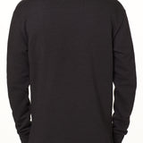 bask view of a male model wearing a heather black hoodie