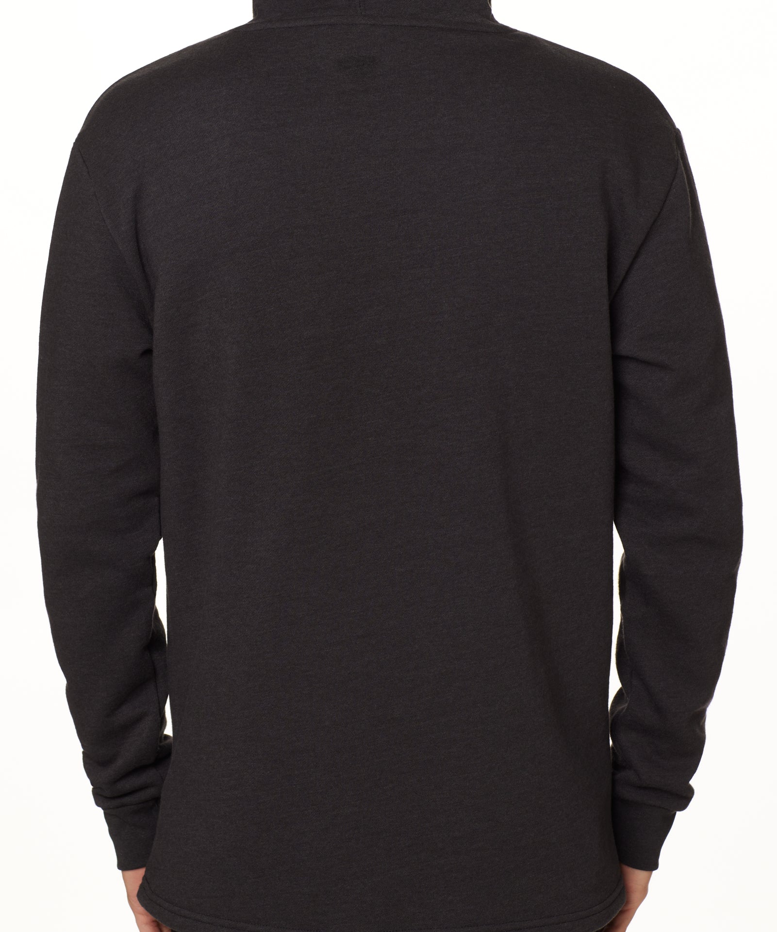 bask view of a male model wearing a heather black hoodie