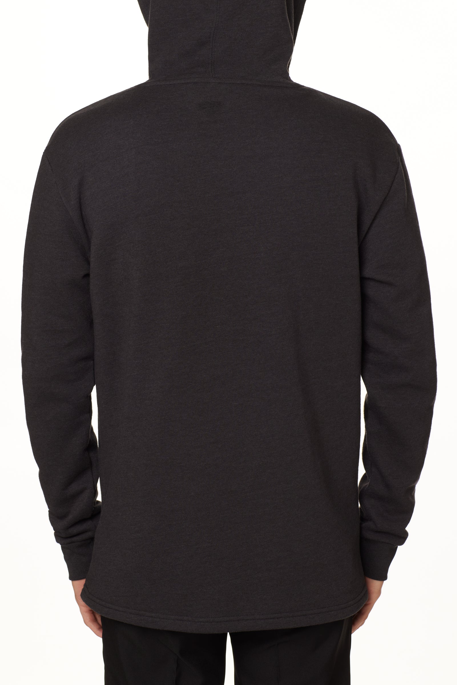 bask view of a male model wearing a heather black hoodie