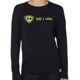 front view of a female model wearing a black long sleeve tee with a bright yellow till i die logo on a white background