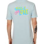 Back view of a male model wearing the Bike till i die tee shirt in light blue on a white background. The graphic features a pink mountain bike layered over bold blue and yellow till i die text