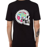 Back view of a male model wearing the Gear Head Tee in black. The back graphic features a skull with gears inside the head and overlapped by yellow and blue "Till I Die" text.