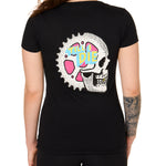 Back view of a female model wearing the Gear Head Tee in black. The back graphic features a skull with gears inside the head and overlapped by yellow and blue "Till I Die" text.
