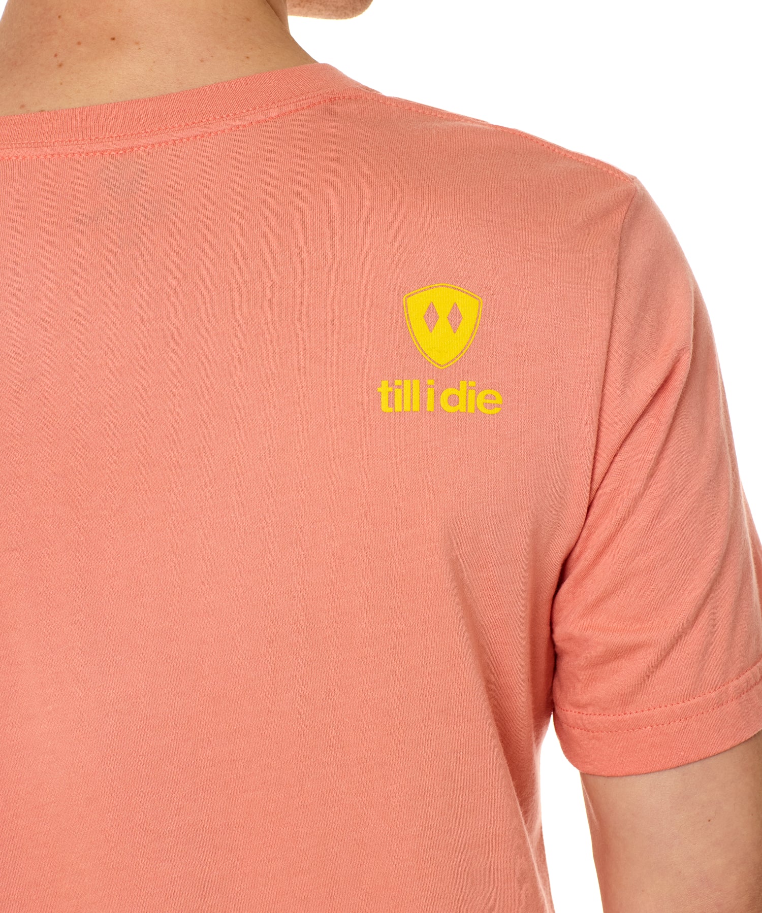 Back view of a male model wearing a sunset short sleeve shirt on a white background, featuring a yellow Till I Die logo on the wearer’s top right shoulder.