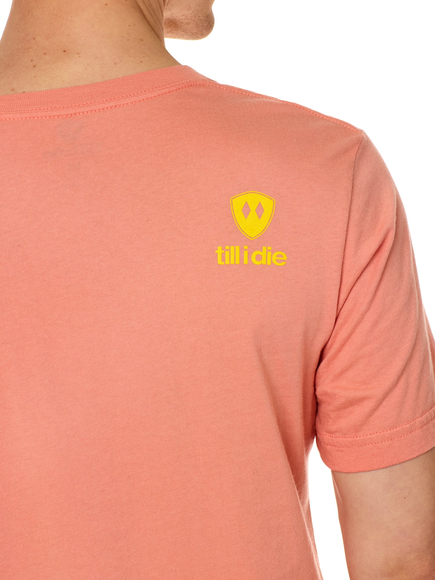Back view of a male model wearing a sunset short sleeve shirt on a white background, featuring a yellow Till I Die logo on the wearer’s top right shoulder.