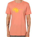 Front view of a male model wearing a short sleeve crew neck Sunset T-Shirt. The graphic features a yellow print of sunglasses with a tropical beach scene reflected in the lenses.