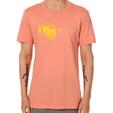 Front view of a male model wearing a short sleeve crew neck Sunset T-Shirt. The graphic features a yellow print of sunglasses with a tropical beach scene reflected in the lenses.
