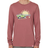 Front view of a male model wearing the Surf Truck long sleeve tee in deep sunset on a white background. The graphic features a classic green Bronco with a surfboard on the roof, parked in front of an ocean sunset, arched by “Till I Die” text.