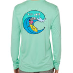 Back view of a male model wearing the Surfer Skeleton performance long sleeve tee in mint green on a white background. The graphic features a multicolored circular graphic of a skeleton surfing a wave, with “Till I Die” text at the top.