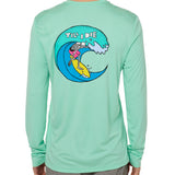 Back view of a male model wearing the Surfer Skeleton performance long sleeve tee in mint green on a white background. The graphic features a multicolored circular graphic of a skeleton surfing a wave, with “Till I Die” text at the top.