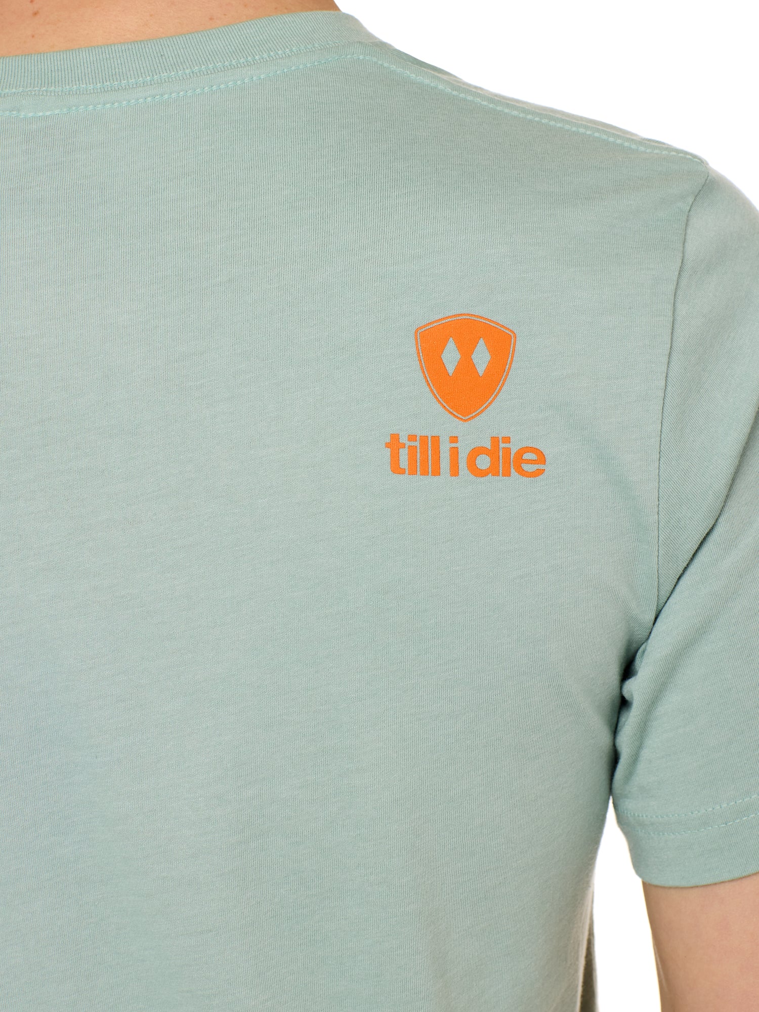 Back view of a male model wearing a Dusty blue short sleeve shirt on a white background, featuring an orange Till I Die logo on the wearer’s top right shoulder.