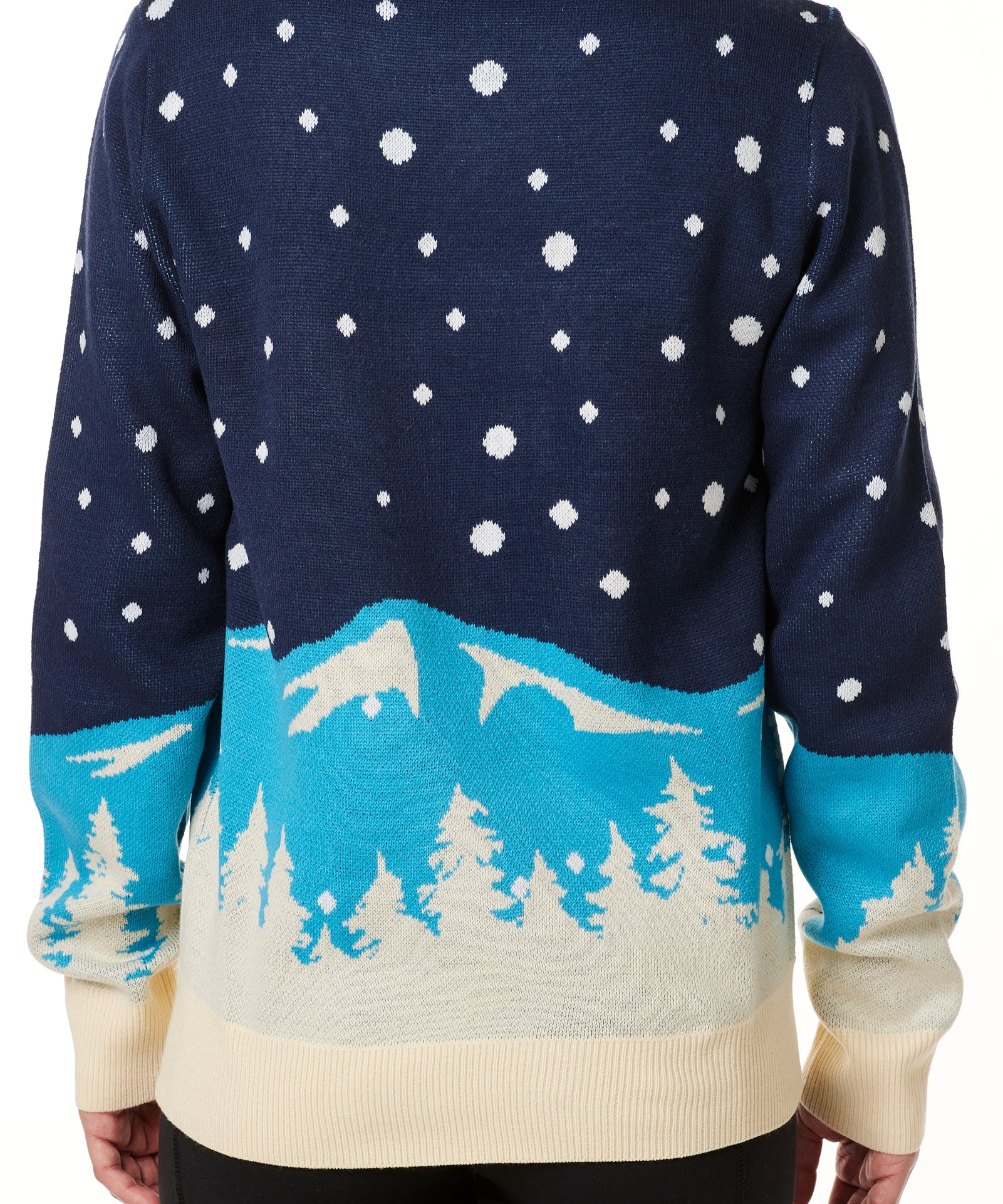 BACK OF A FEMALE MODEL WEARING A NAVY AND WHOTE SWEATER FEATURING SNOWY MOUNTAINS