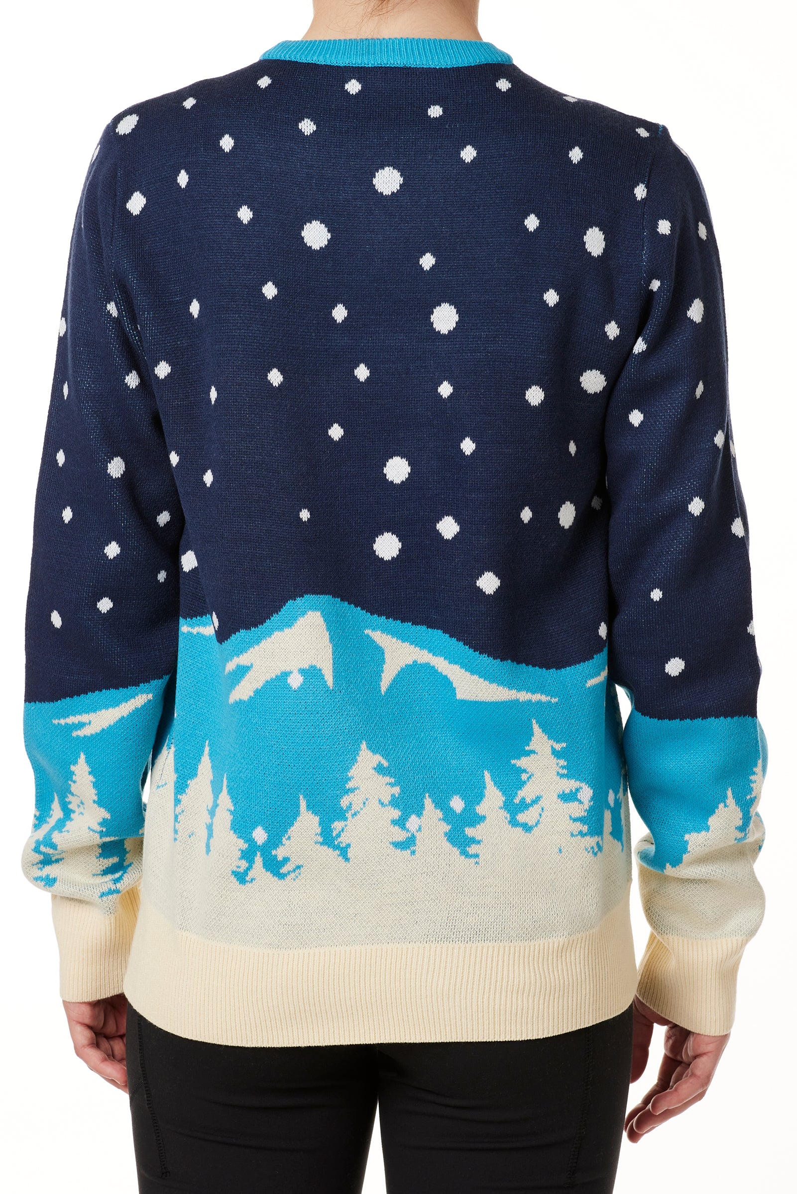 BACK OF A FEMALE MODEL WEARING A NAVY AND WHOTE SWEATER FEATURING SNOWY MOUNTAINS