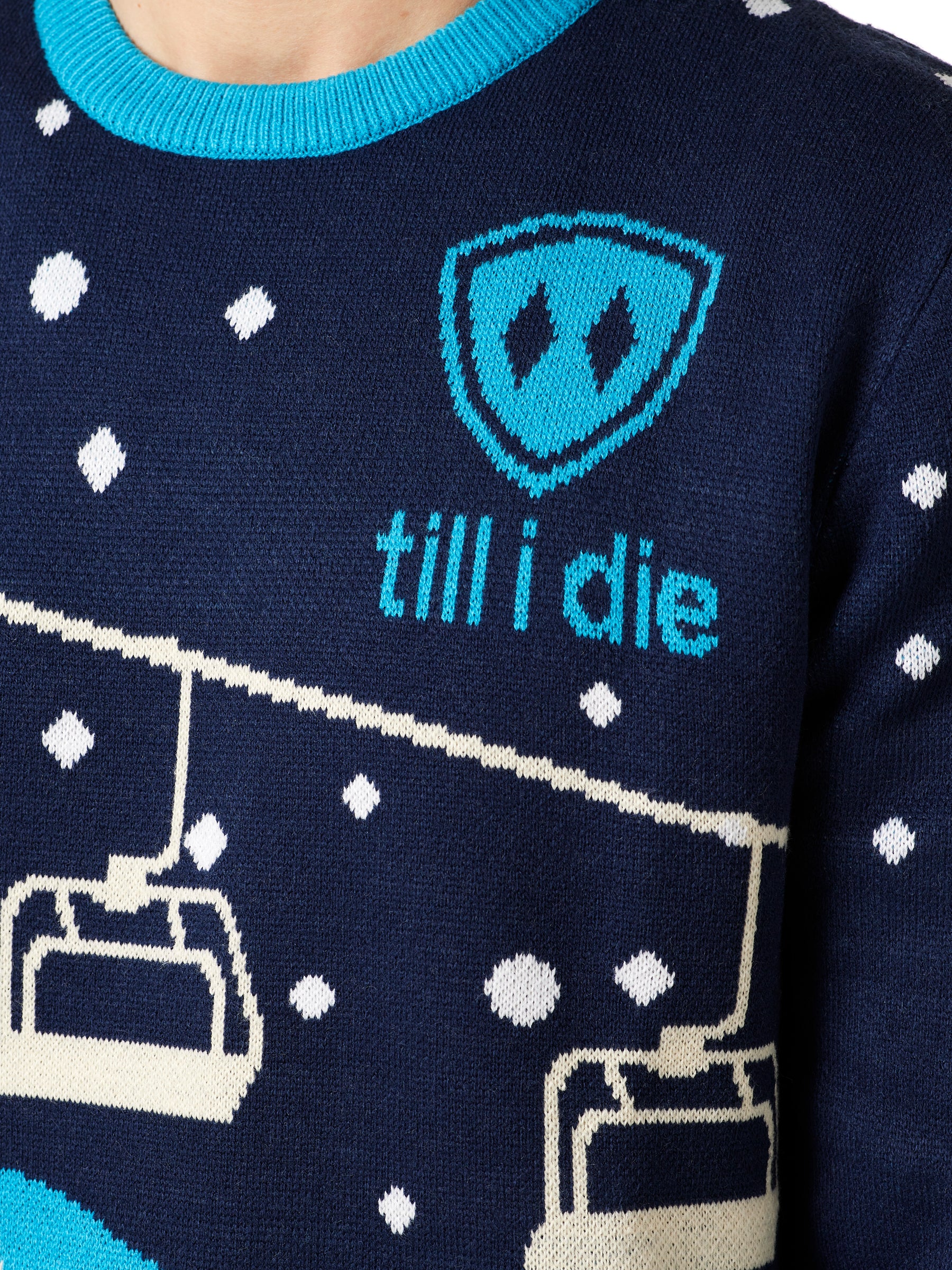 DETAIL OF A MALE WEARING A NAVY AND WHITE SWEATER WITH THE TILL I DIE SHIELD LOGO