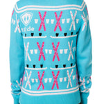 BACK OF A FEMALE MODEL WEARING A TEAL AND PINK SWEATER FEATURING SHOT SKI GRAPHICS