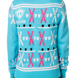 BACK OF A FEMALE MODEL WEARING A TEAL AND PINK SWEATER FEATURING SHOT SKI GRAPHICS