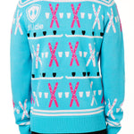 BACK OF A MALE MODEL WEARING A TEAL AND PINK SWEATER WITH SHOT SKI GRAPHICS AND THE TILL I DIE SHIELD LOGO