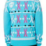 BACK OF A MALE MODEL WEARING A TEAL AND PINK SWEATER WITH SHOT SKI GRAPHICS AND THE TILL I DIE SHIELD LOGO
