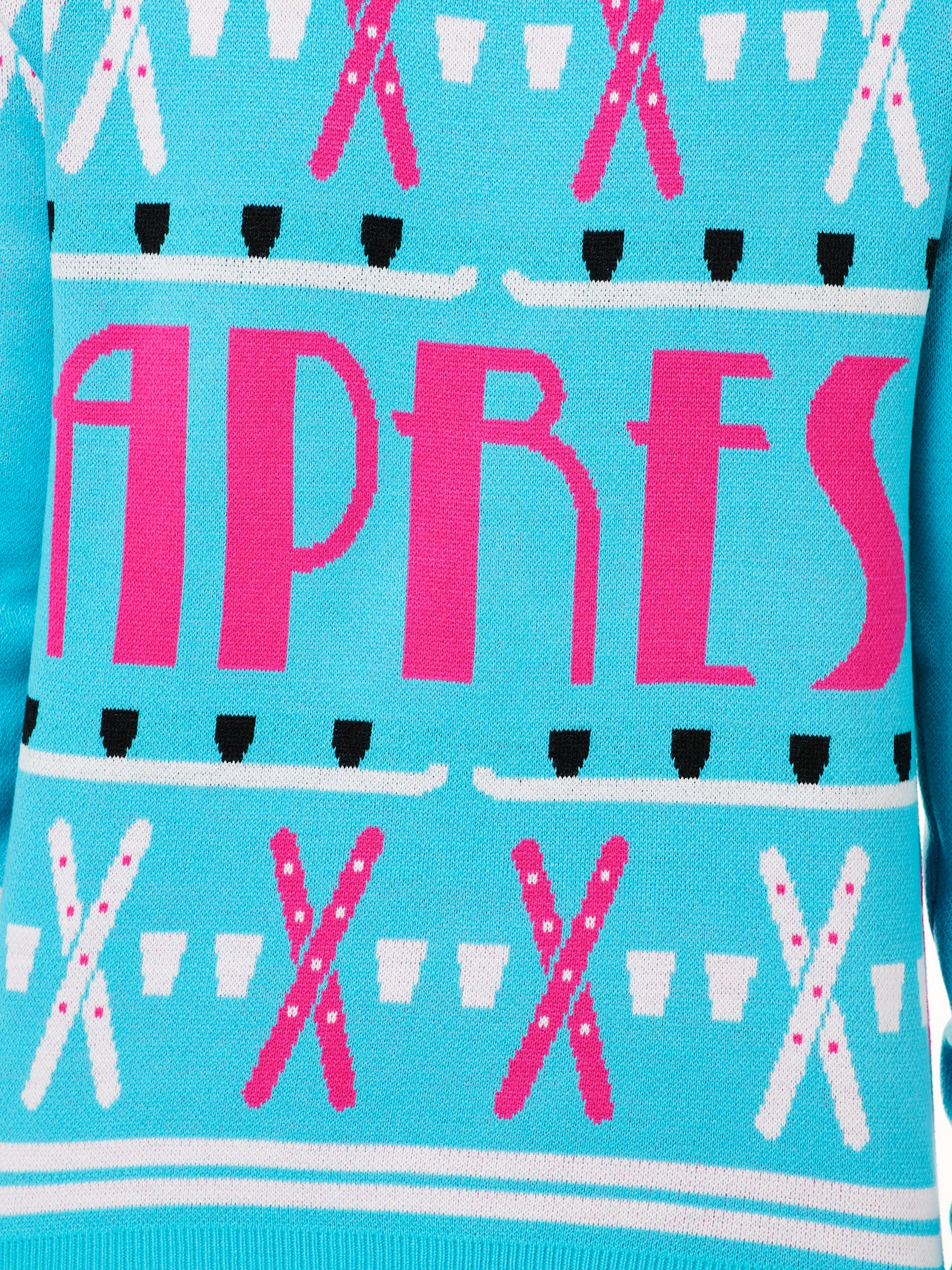 FRONT DETAIL OF A TEAL AND PINK SWEATER FEATURING SHOT SKI GRAPHICS AND THE WORD "APRES"