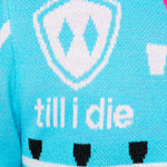 BACK DETAIL OF A TEAL AND PINK SWEATER FEATURING SHOT SKI GRAPHICS AND THE TILL I DIE SHIELD LOGO