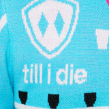 BACK DETAIL OF A TEAL AND PINK SWEATER FEATURING SHOT SKI GRAPHICS AND THE TILL I DIE SHIELD LOGO