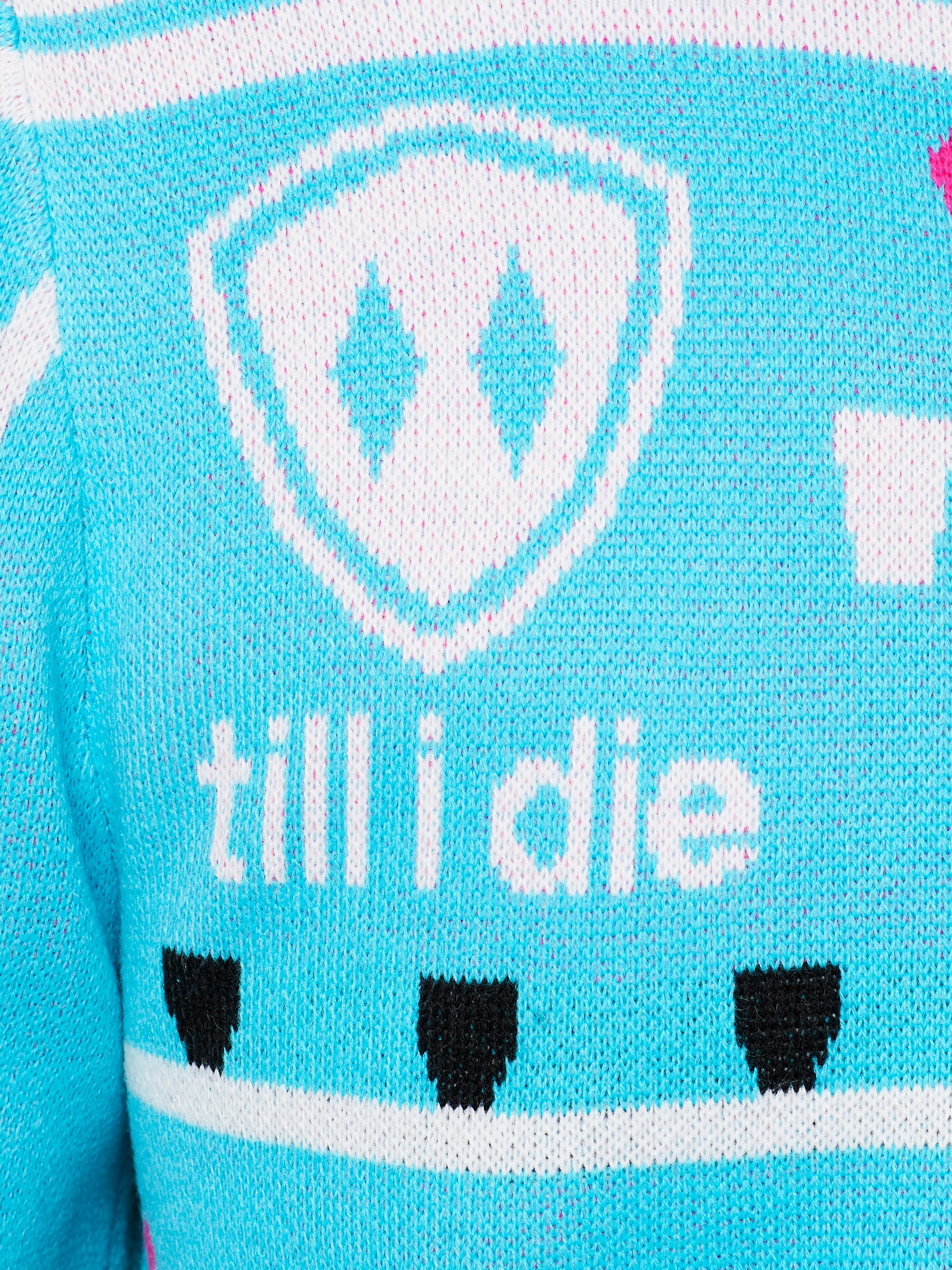 BACK DETAIL OF A TEAL AND PINK SWEATER FEATURING SHOT SKI GRAPHICS AND THE TILL I DIE SHIELD LOGO