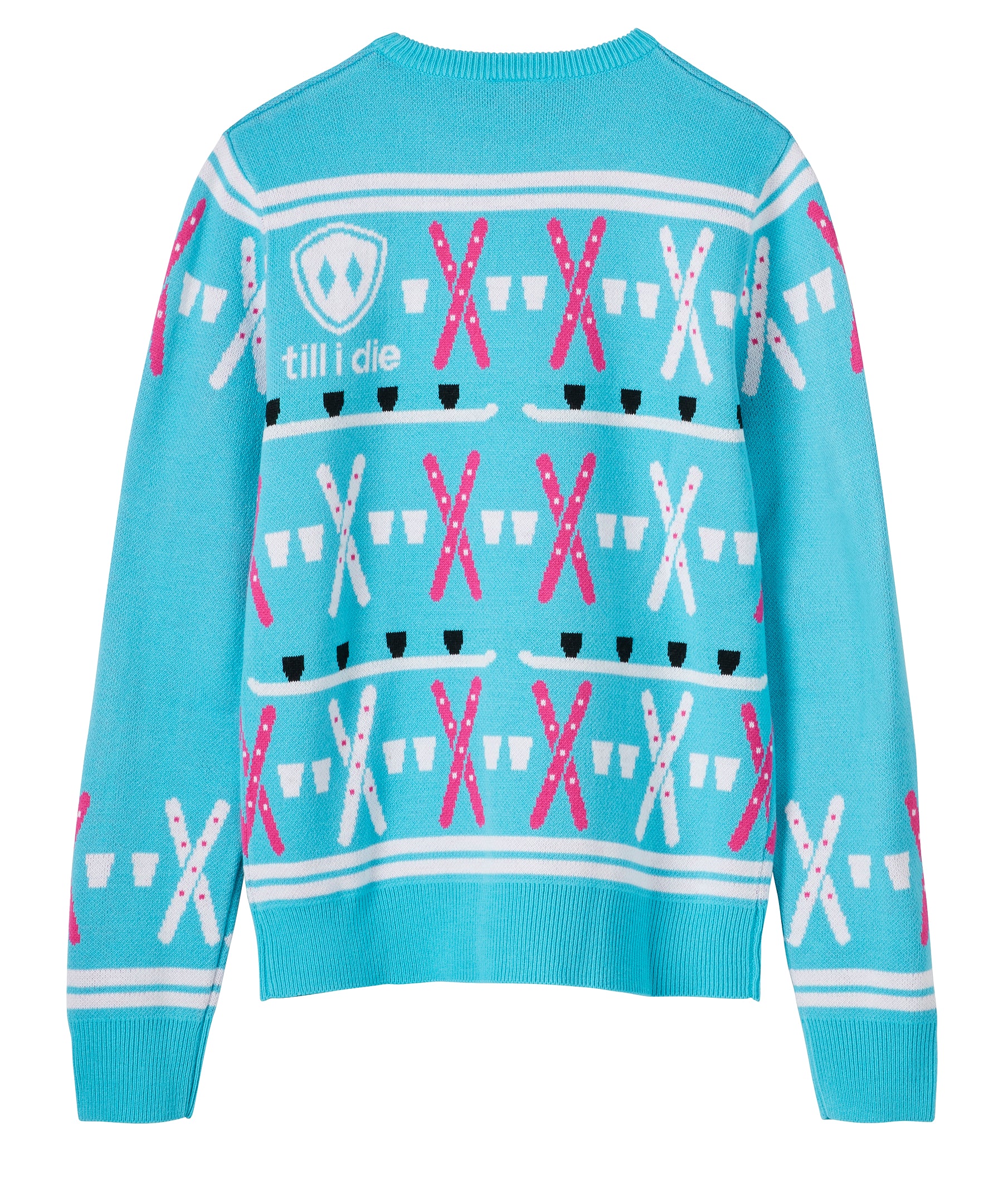PRODUCT SHOT O WHITE OF THE BACK OF A TEAL AND PINK SWEATER THAT FEATURES SHOT SKI GRAPHICS AND THE TILL I DIE SHIELD LOGO