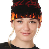 A FEMALE MODEL WEARING A BEANIE HAT WITH FLAMES AND THE WORDS "TILL I DIE"