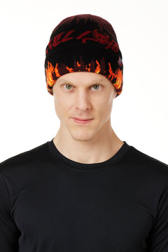 A MALE MODEL WEARING A BEANIE HAT WITH FLAMES AND THE WORDS "TILL I DIE"